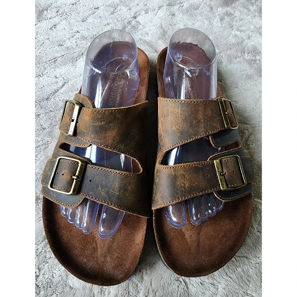 White Mountain Helga Brown Leather Sandals Mens 11 Hampton Slide Footbeds